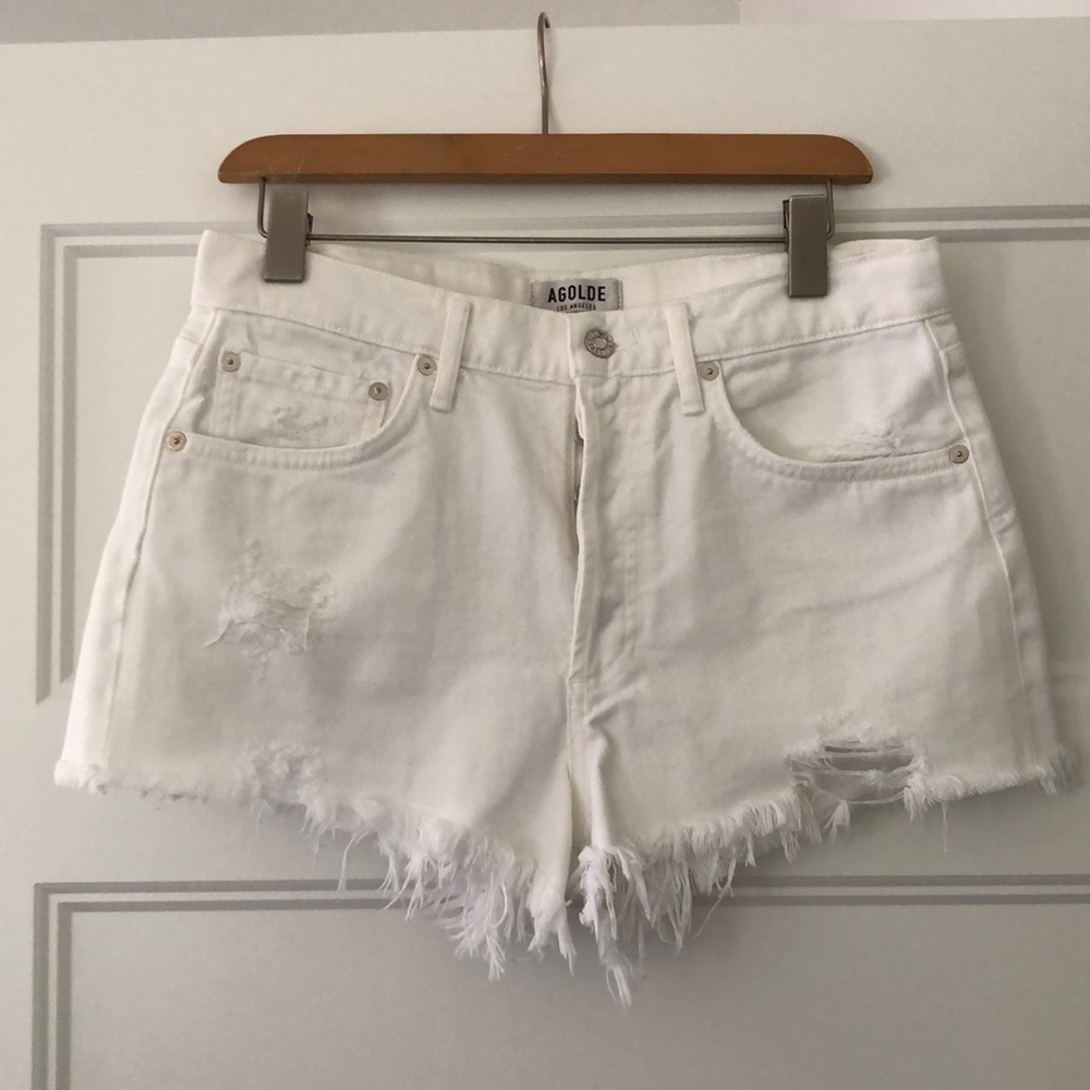 AGOLDE Parker white denim cut-off shorts